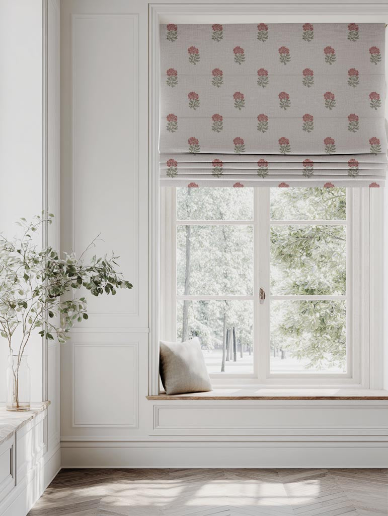 Red Floral Linen Roman Blind - Pearlie Crimson Red - Natural base fabric.