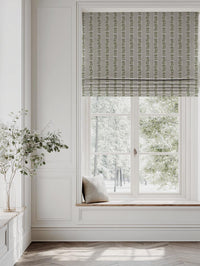 Green Floral Stripe Linen Roman Blind - Skye Khaki - Natural base fabric.