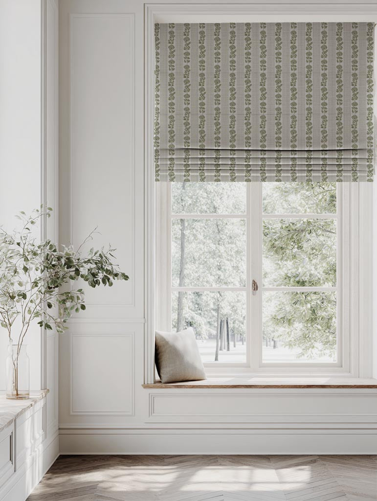 Green Floral Stripe Linen Roman Blind - Skye Khaki - Natural base fabric.