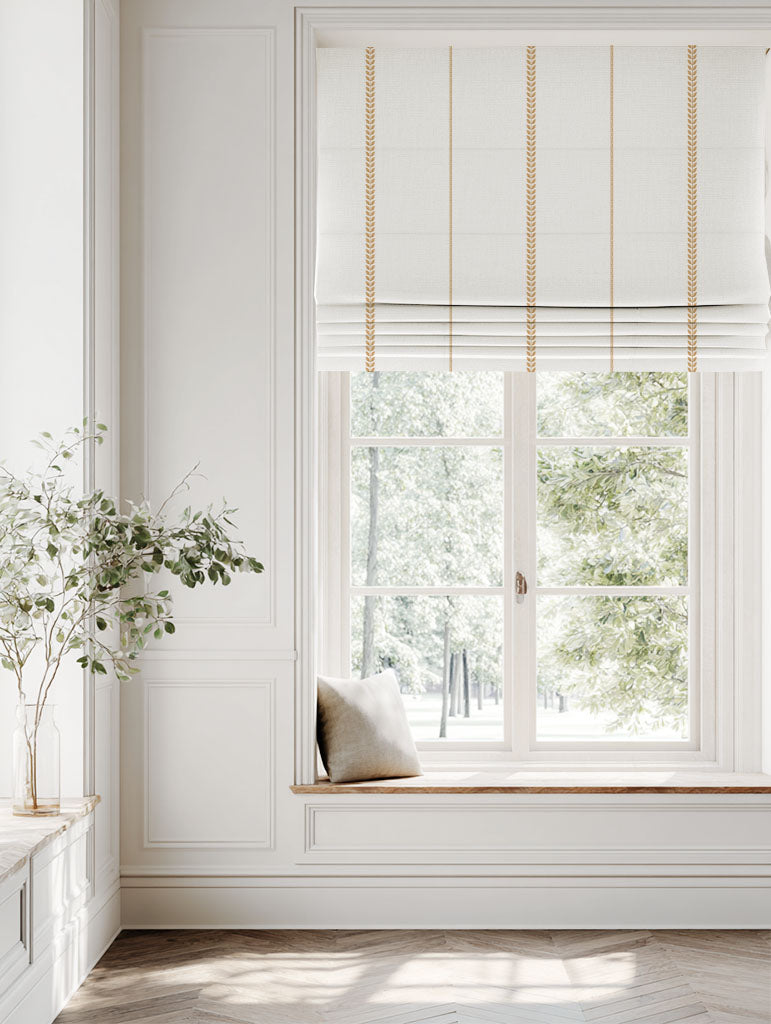 Orange / Yellow Striped Linen Roman blind - Berit Ochre - White base fabric.