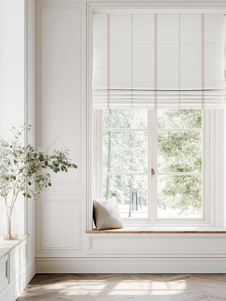 Pink Striped Linen Roman blind - Berit Peony - White base fabric.