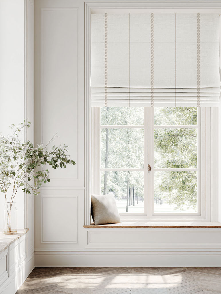 Neutral / Brown Striped Linen Roman blind - Berit Taupe - White base fabric.