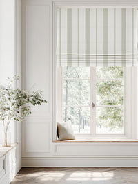 Green Striped Linen Roman blind - Brea Moss-WHT - White base fabric.