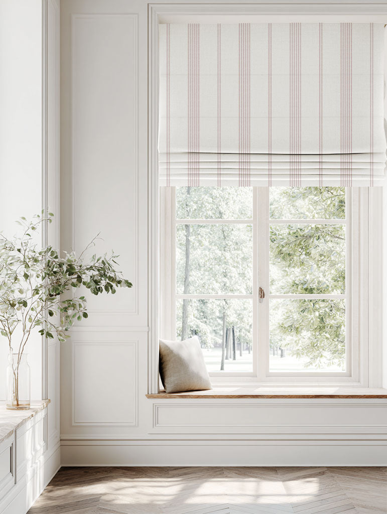 Pink Striped Linen Roman blind - Brea Peony-WHT - White base fabric.