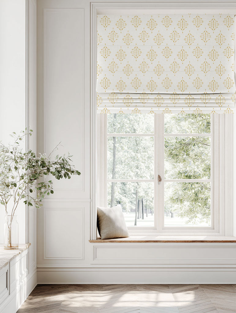 Yellow Patterned Linen Roman blind - Britt Dijon - White base fabric.