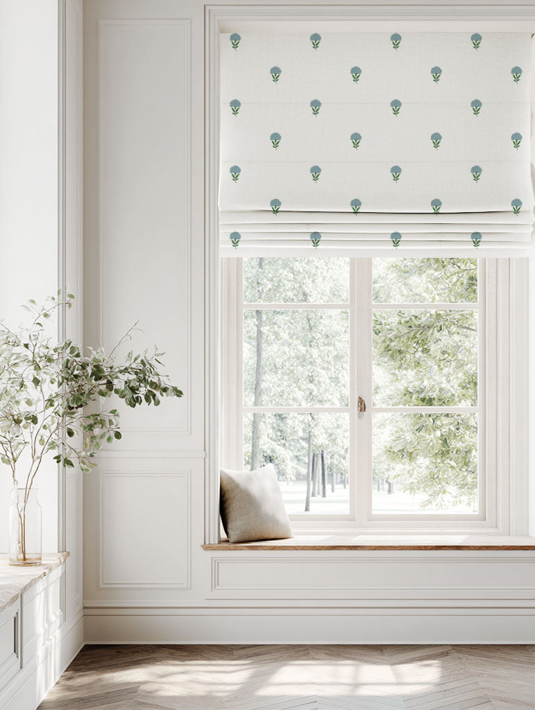 Blue Patterned Linen Roman blind - Cheyenne Blue Grey - White base fabric.