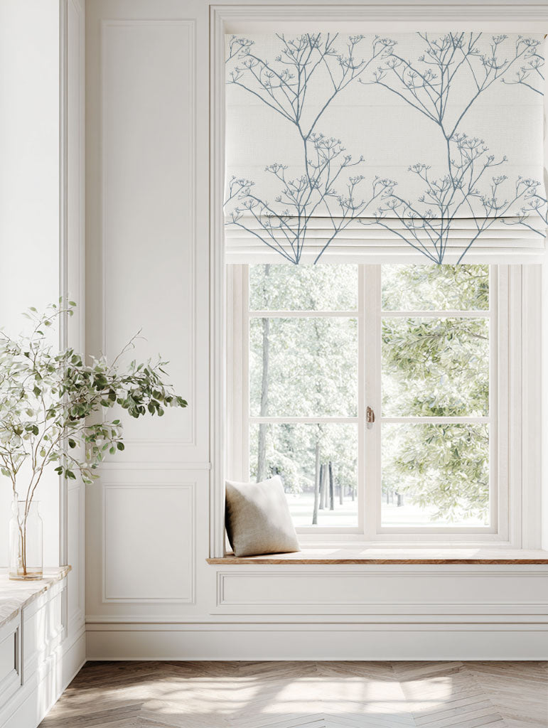 Blue Floral Linen Roman blind - Cicely Agate Blue - White base fabric.