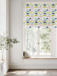 Yellow Kids Linen Roman blind - Cloud Dreams Circus - White base fabric.