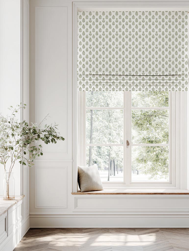 Green Floral Linen Roman Blind - Doris Moss-WHT - White base fabric.