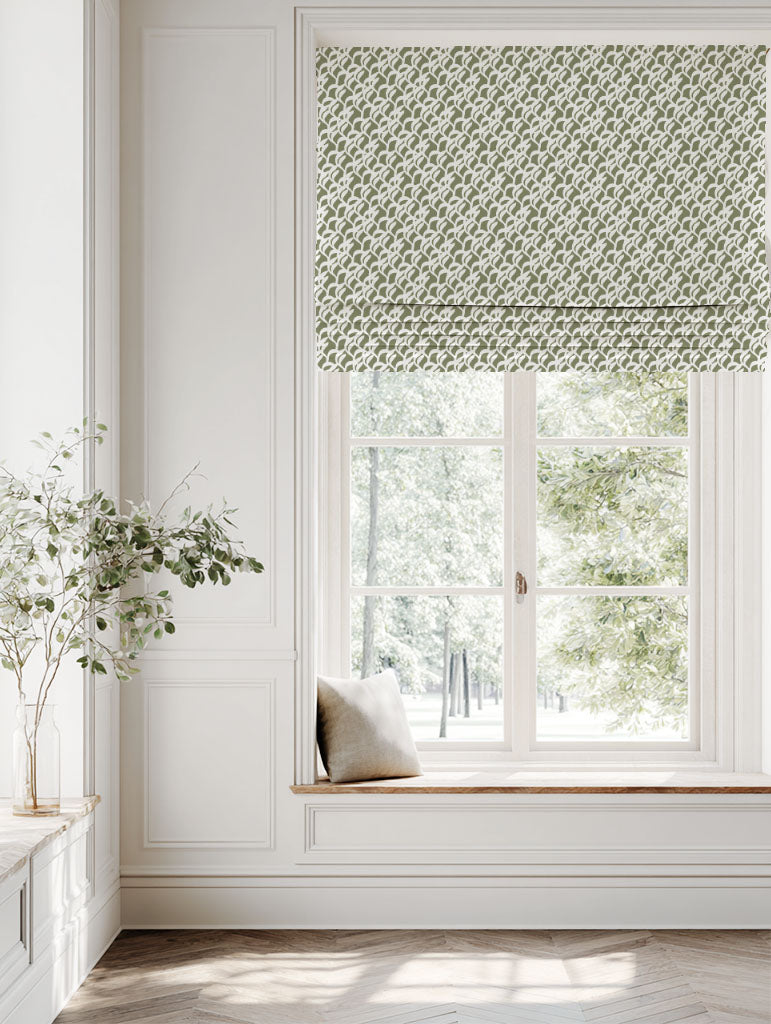 Green Botanical Linen Roman blind - Edlyn Moss-WHT - White base fabric.