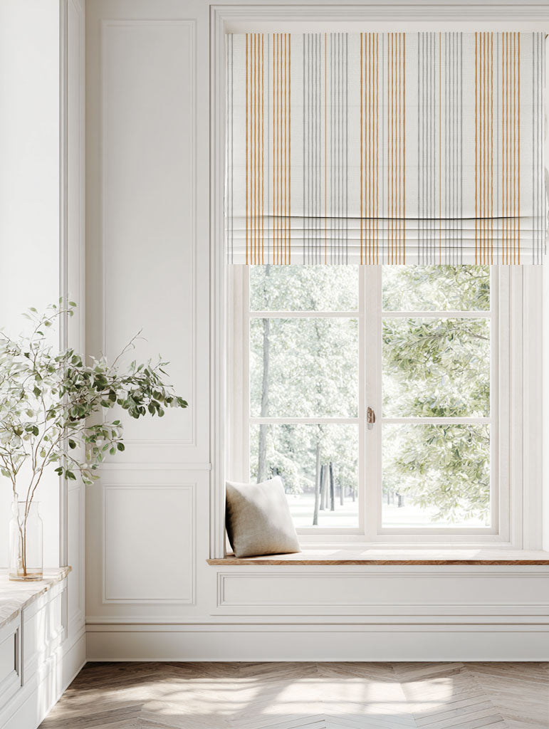 Yellow Striped Linen Roman blind - Else Gold Rod - WHT - White base fabric.