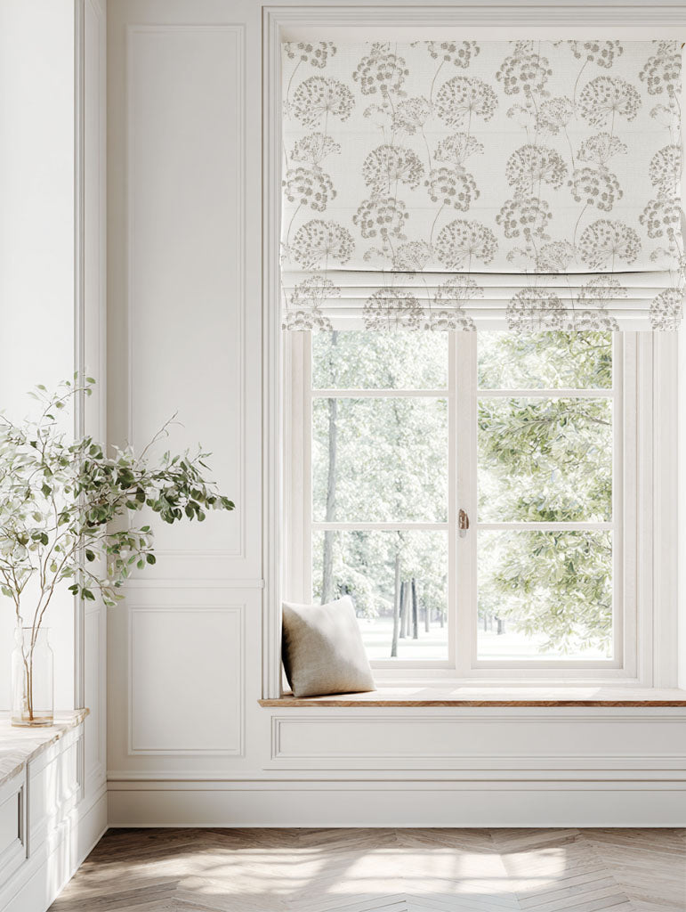 Neutral / Grey Floral Linen Roman blind - Erleen Almond - White base fabric.