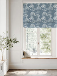 Blue Floral Linen Roman blind - Erleen INV Agate Blue - White base fabric.