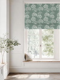 Green Floral Linen Roman blind - Erleen INV Sage - White base fabric.