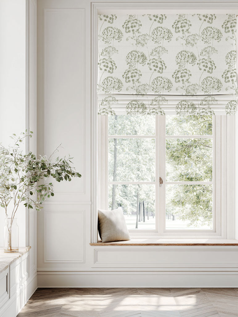 Green Floral Linen Roman blind - Erleen Moss - White base fabric.