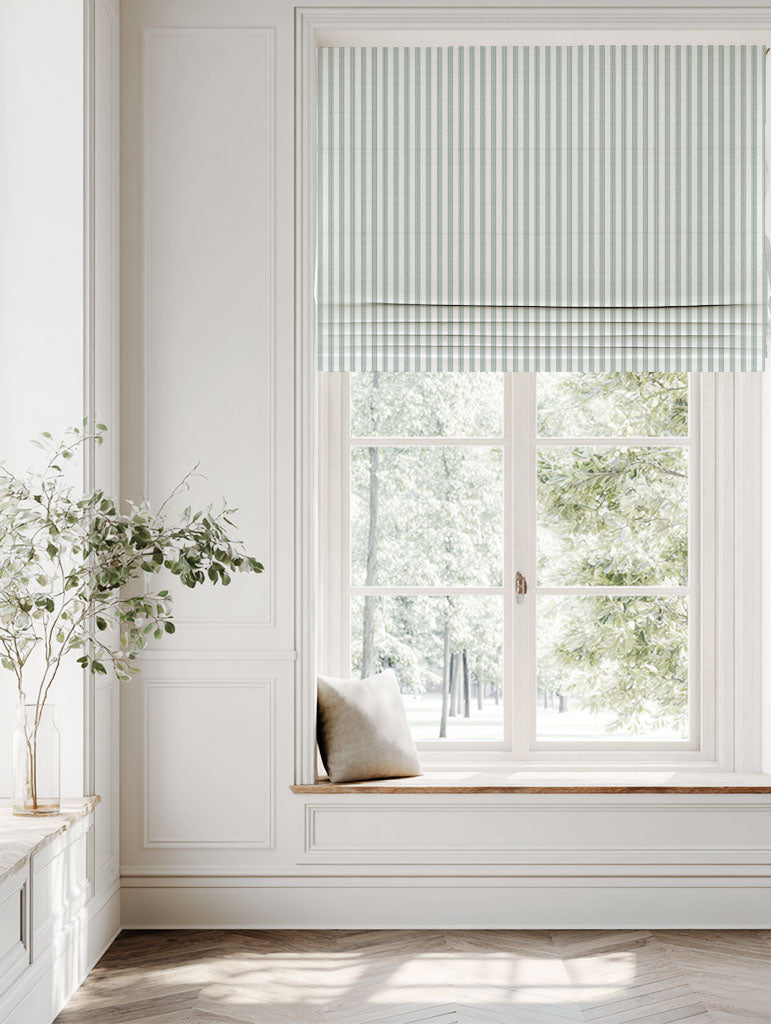 Green Striped Linen Roman blind - Evianne Sage-WHT - White base fabric.