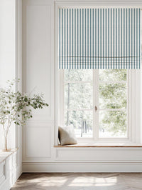 Blue Patterned Linen Roman Blind - Fionna Paris Blue-WHT - White base fabric.