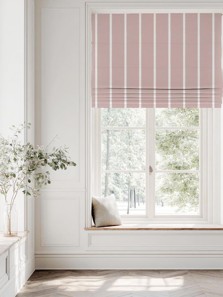 Pink Striped Linen Roman Blind - Franny Peony-WHT - White base fabric.