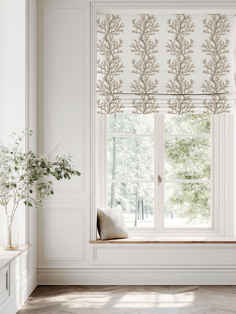 Brown Botanical Linen Roman blind - Galilea Pastel Brown - White base fabric.