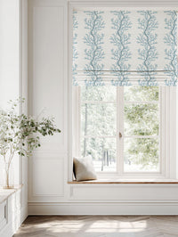 Blue Botanical Linen Roman blind - Galilea Sky - White base fabric.