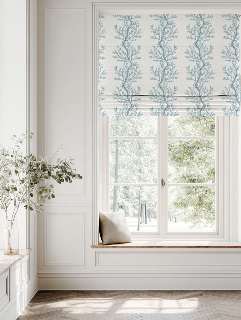 Blue Botanical Linen Roman blind - Galilea Sky - White base fabric.