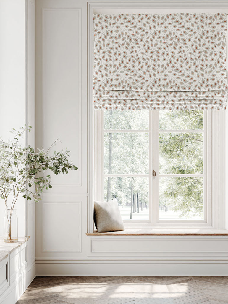 Orange Botanical Linen Roman blind - Goldie Terracotta-WHT - White base fabric.