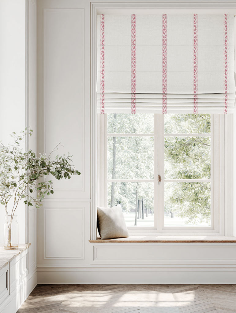 Pink Striped Linen Roman blind - Helena Autumn Pink - White base fabric.