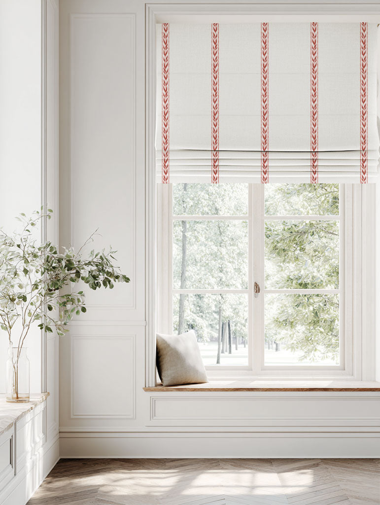 Red Striped Linen Roman blind - Helena Crimson Red - White base fabric.