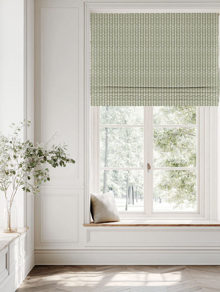Green Patterned Linen Roman blind - Hilda Moss - White base fabric.