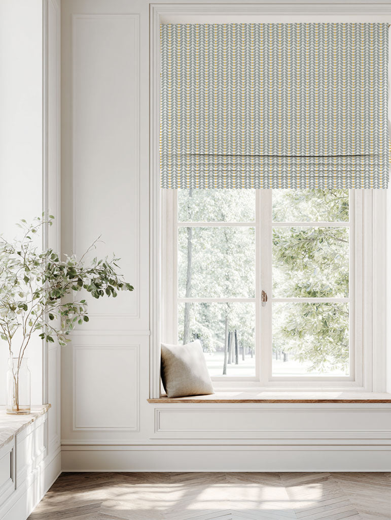 Yellow Patterned Linen Roman blind - Hilda Mustard - White base fabric.