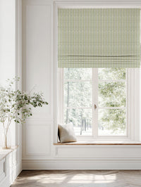 Green Patterned Linen Roman blind - Hilda Olive - White base fabric.