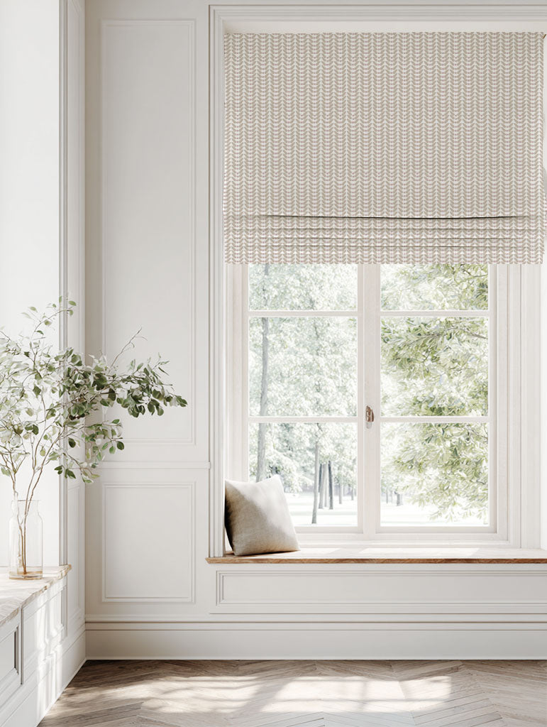 Pink Patterned Linen Roman blind - Hilda Peony - White base fabric.
