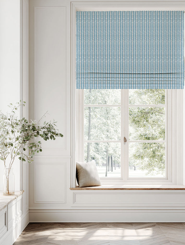Blue Patterned Linen Roman blind - Hilda True Blue - White base fabric.