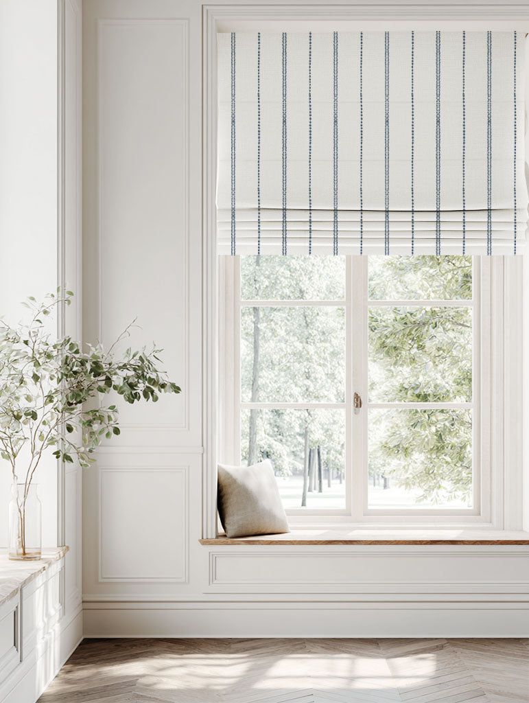 Blue Striped Linen Roman blind - Inga Ink - White base fabric.