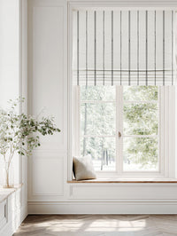 Black Striped Linen Roman blind - Inga Noir - White base fabric.