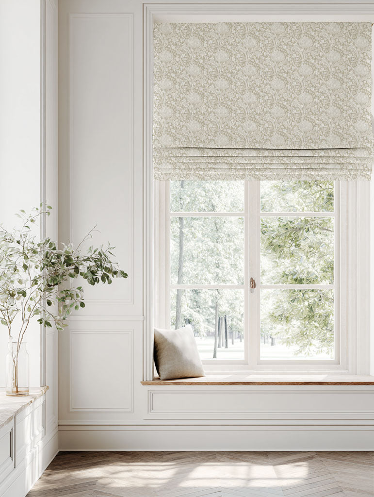 Neutral / Grey Floral Linen Roman blind - Katarina Clay - White base fabric.