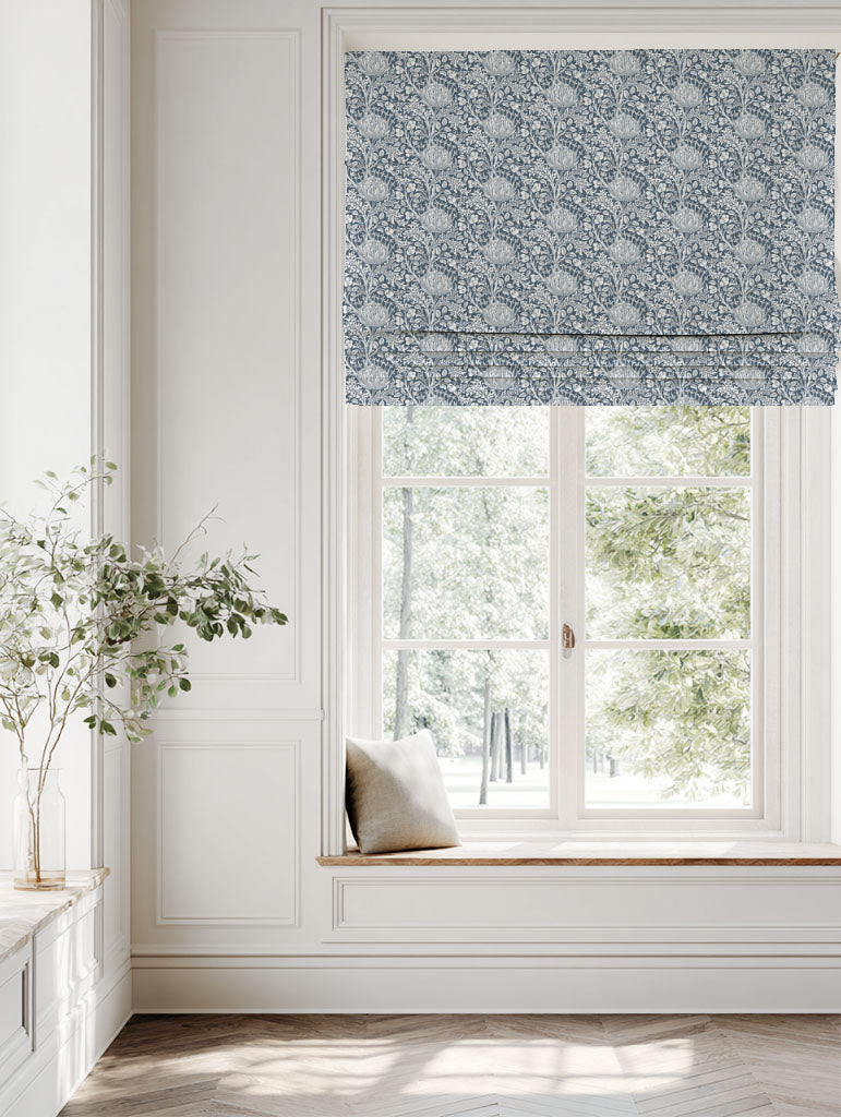Blue Floral Linen Roman blind - Katarina Ink - White base fabric.