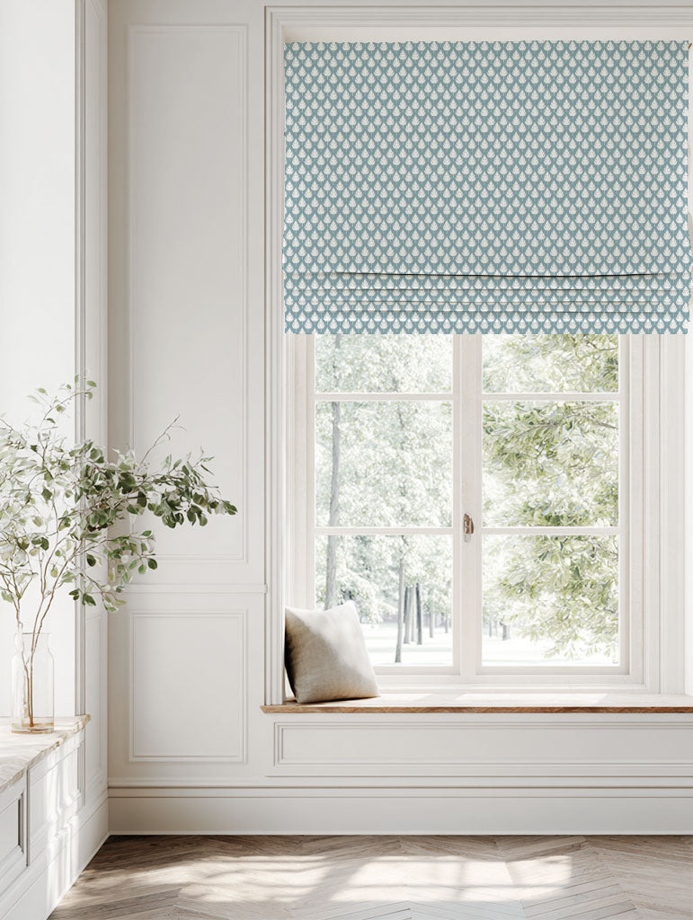 Blue Botanical Linen Roman blind - Kira Shadow Blue - White base fabric.