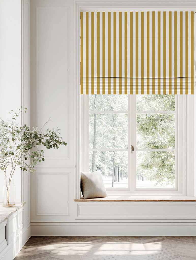Yellow Striped Linen Roman blind - Liliana Gold Rod-WHT - White base fabric.