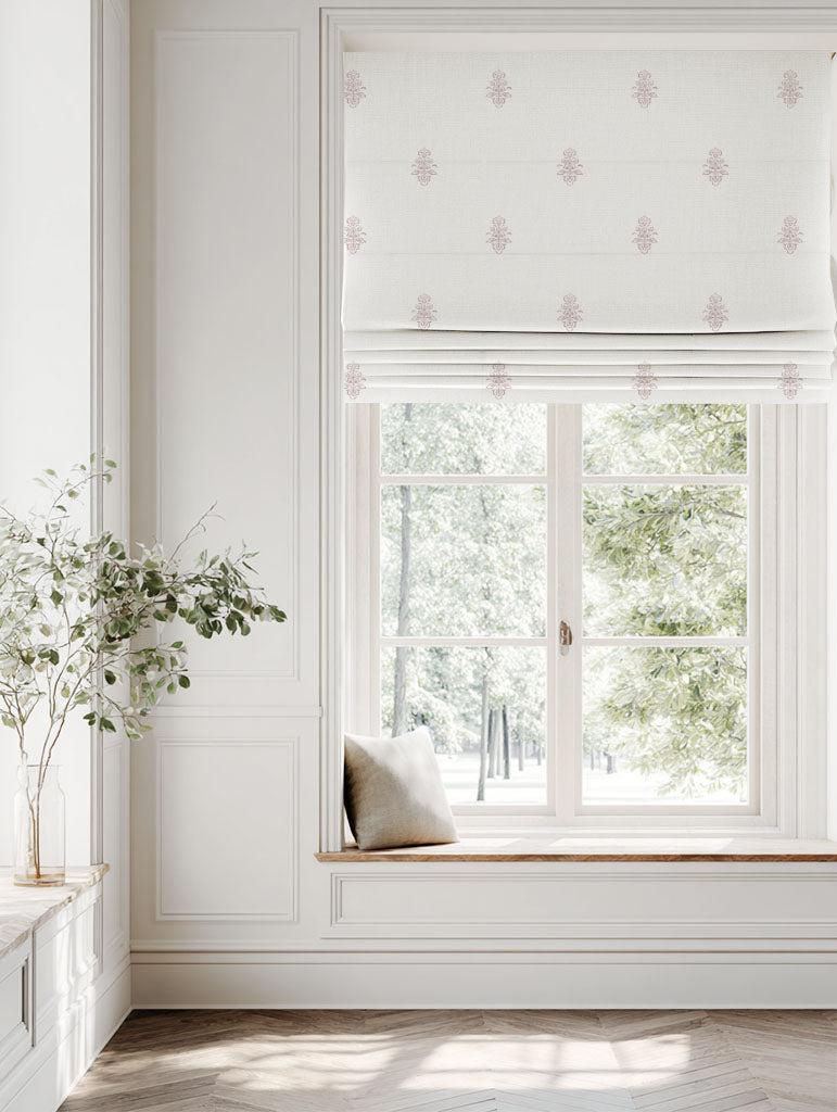 Pink Floral Linen Roman blind - Lisana Peony - White base fabric.