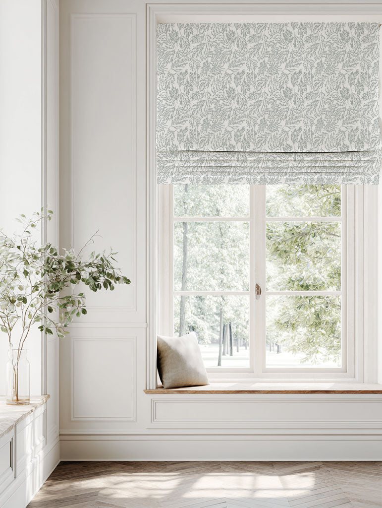 Grey Botanical Linen Roman blind - Lisbell Greige-WHT - White base fabric.