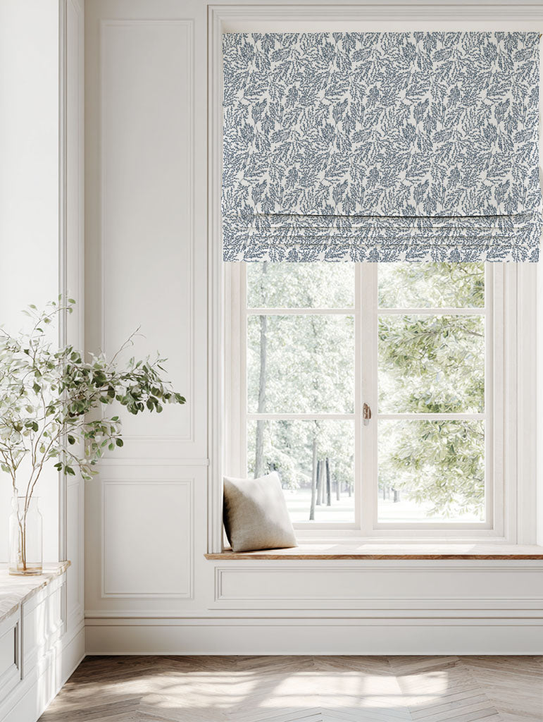 Blue Botanical Linen Roman blind - Lisbell Ink -WHT - White base fabric.