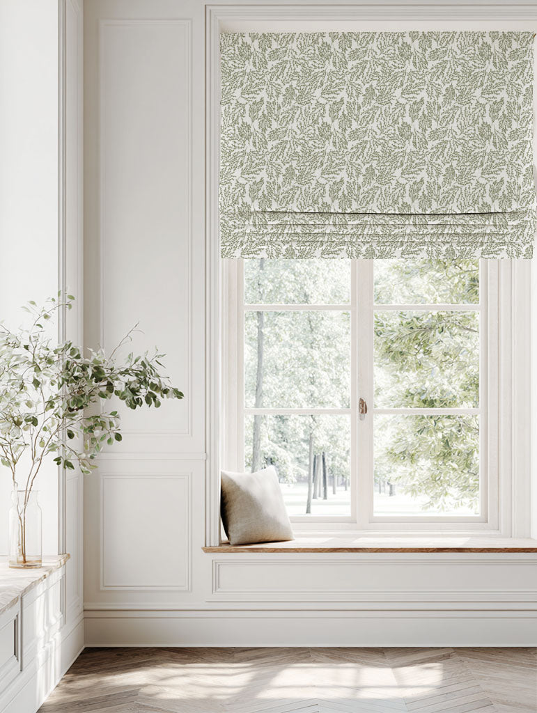 Green Botanical Linen Roman blind - Lisbell Moss-WHT - White base fabric.