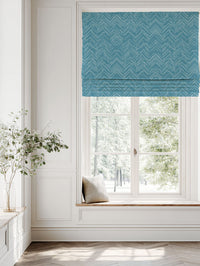 Blue Patterned Linen Roman blind - Lulu Blue Stone - White base fabric.