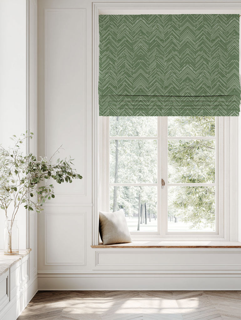 Green Patterned Linen Roman blind - Lulu Emerald - White base fabric.