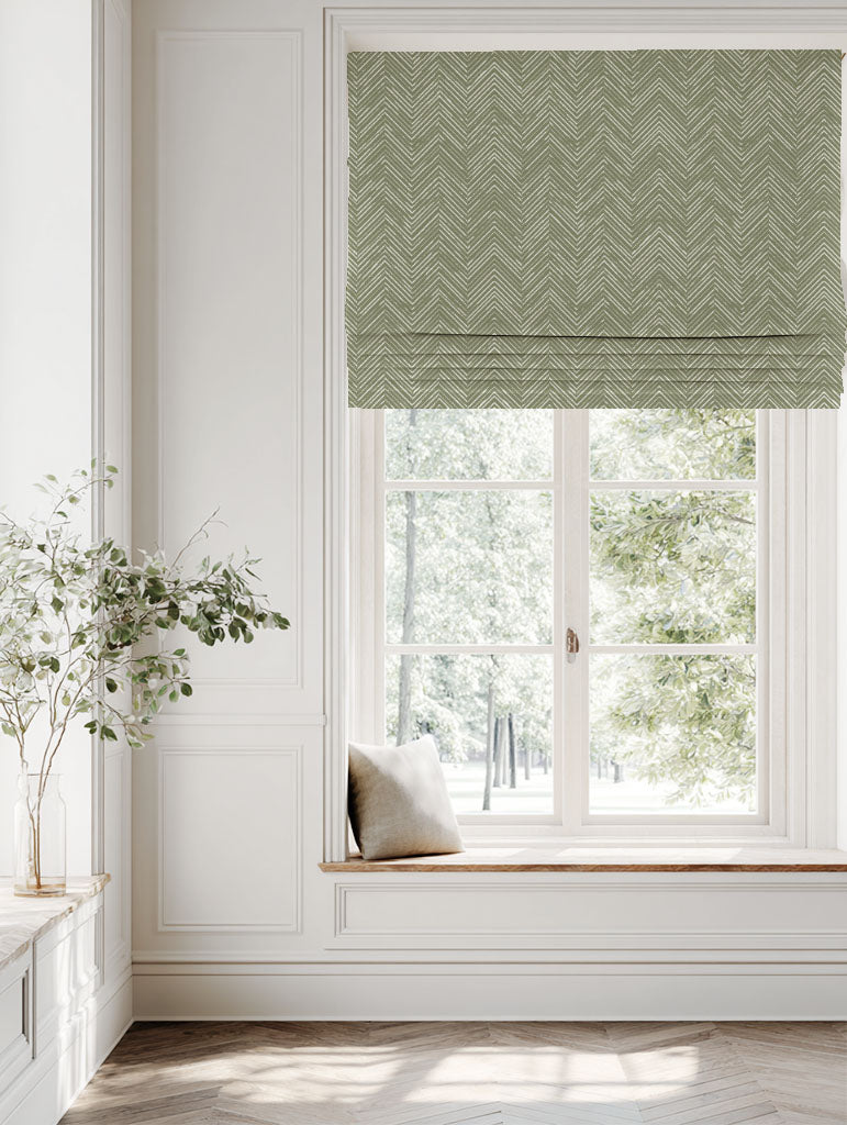 Green Patterned Linen Roman blind - Lulu Moss - White base fabric.