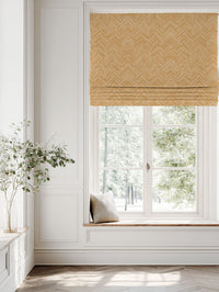 Orange / Yellow Patterned Linen Roman blind - Lulu Ochre - White base fabric.