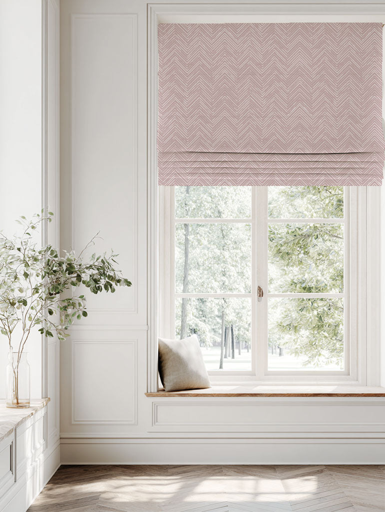 Pink Patterned Linen Roman blind - Lulu Peony - White base fabric.