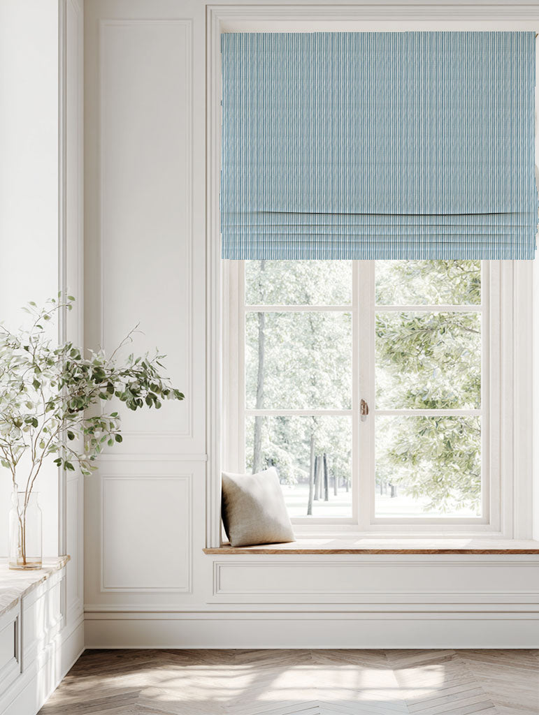 Blue Striped Linen Roman blind - Maisa Blue Grey - White base fabric.