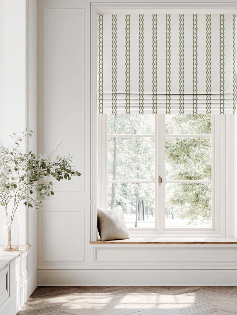 Green Abstract Striped Linen Roman Blind - Margarie Moss-WHT - White base fabric.